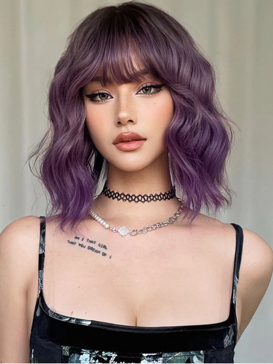 Platinum Blonde Ombre Short Body Wave Wavy Wig with Bangs