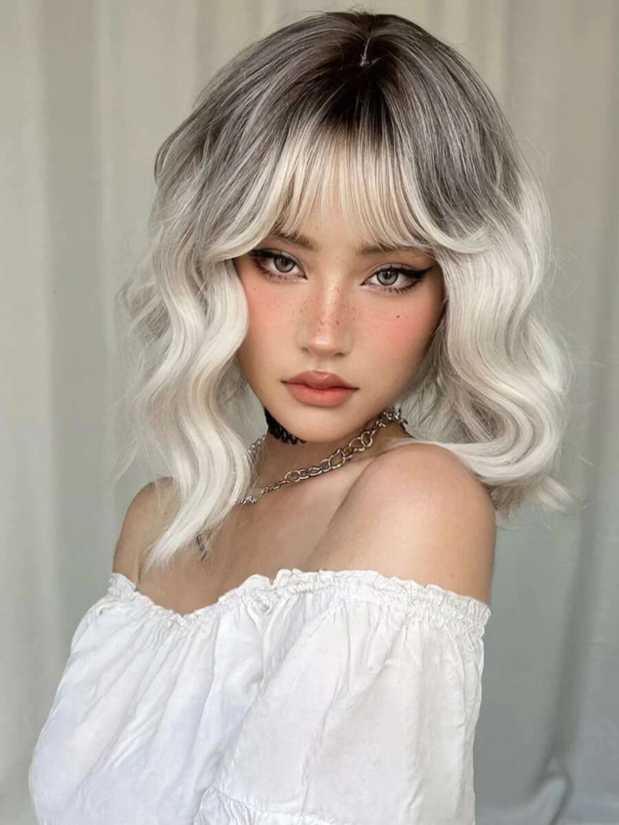 Platinum Blonde Ombre Short Body Wave Wavy Wig with Bangs