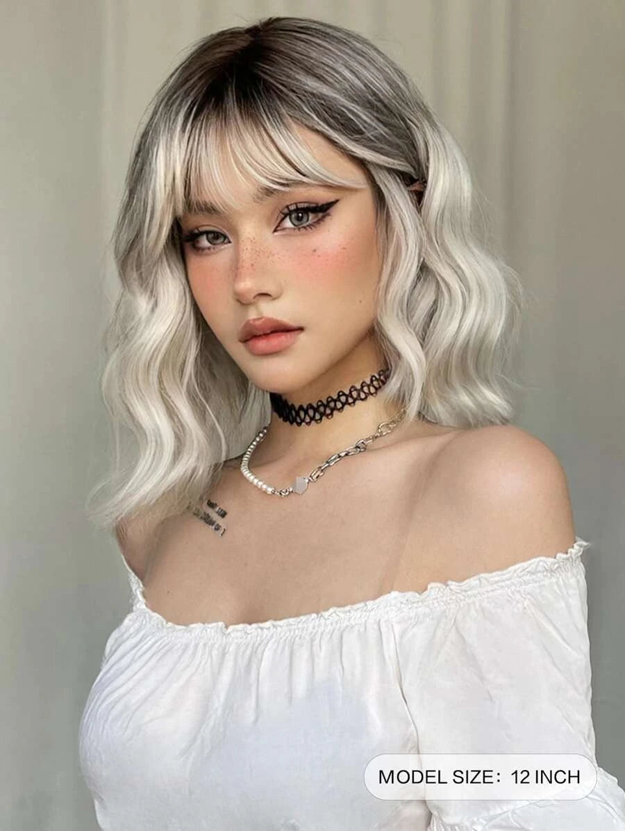 Platinum Blonde Ombre Short Body Wave Wavy Wig with Bangs