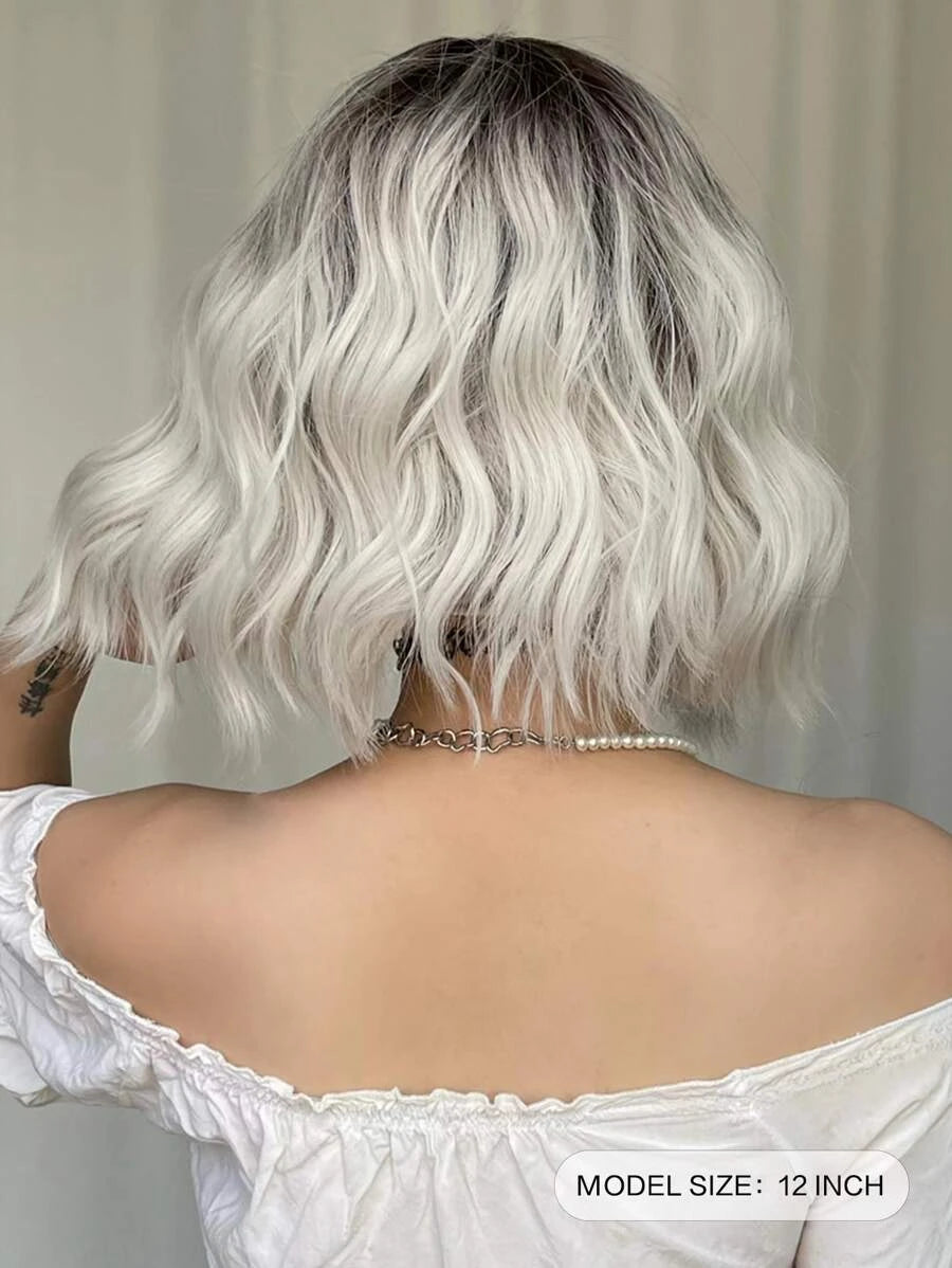 Platinum Blonde Ombre Short Body Wave Wavy Wig with Bangs