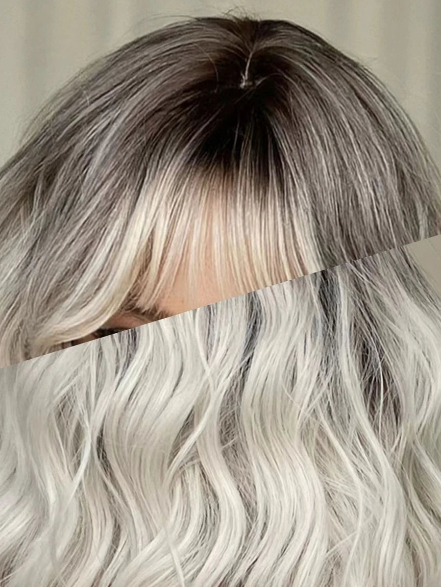 Platinum Blonde Ombre Short Body Wave Wavy Wig with Bangs