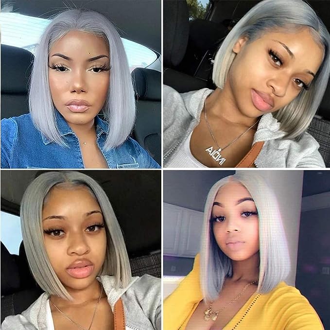 Silver Grey Short Bob Human Hair Wigs Lace Frontal Wig
