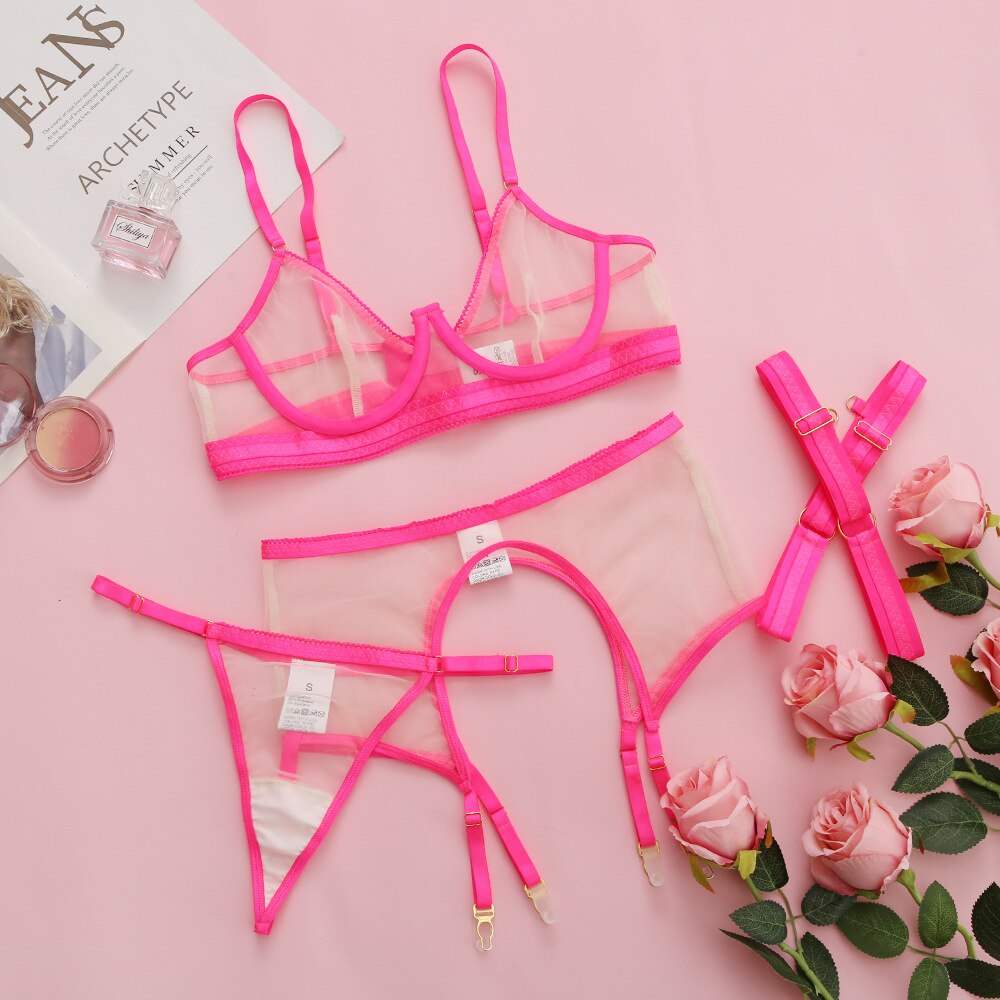 3-Piece Neon Color Mesh Lingerie Set Women 8 Colors Transprent Sexy Exotic Set Thong Garter Kit