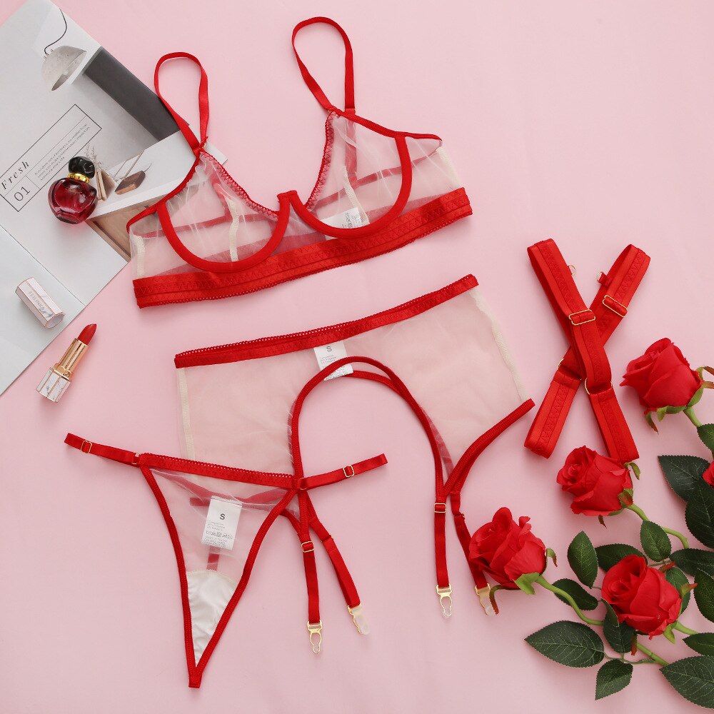 3-Piece Neon Color Mesh Lingerie Set Women 8 Colors Transprent Sexy Exotic Set Thong Garter Kit