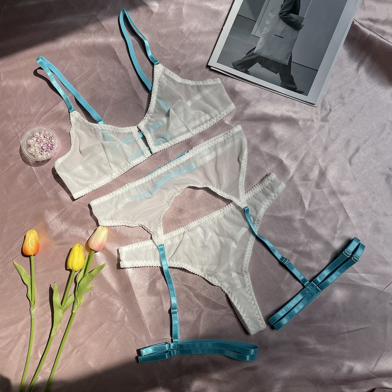 3-Piece Mesh Bra Set Women Transparent Color Straps Underwear Set 5 Colors Sexy Lingerie Set