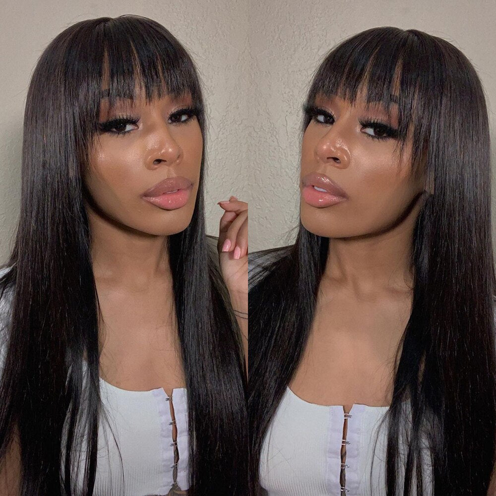 Straight Wig With Bangs Human Hair Wig Brazilian Remy Hair Glueless