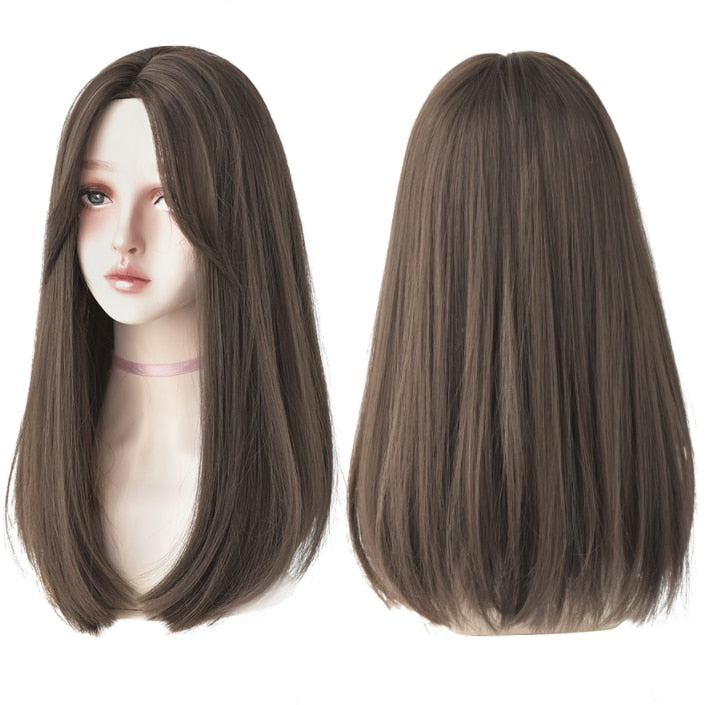 Light Brown Long Straight Synthetic Wigs With Bang