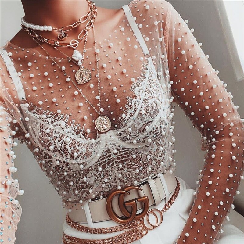 Pearl Top Women Mesh Top 2022 Spring Ladies Long Sleeve Transparent Sexy Top Cover Up Clubwear