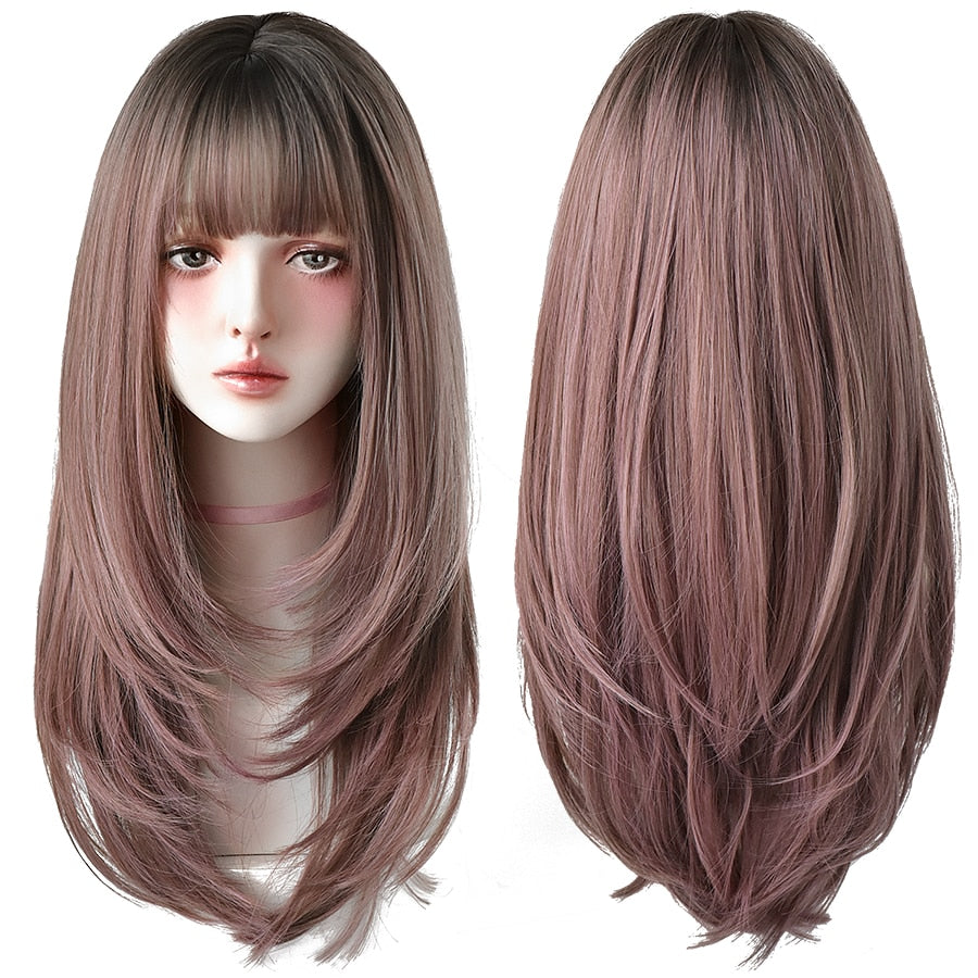 Light Brown Long Straight Synthetic Wigs With Bang