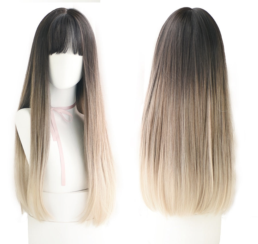 Light Brown Long Straight Synthetic Wigs With Bang