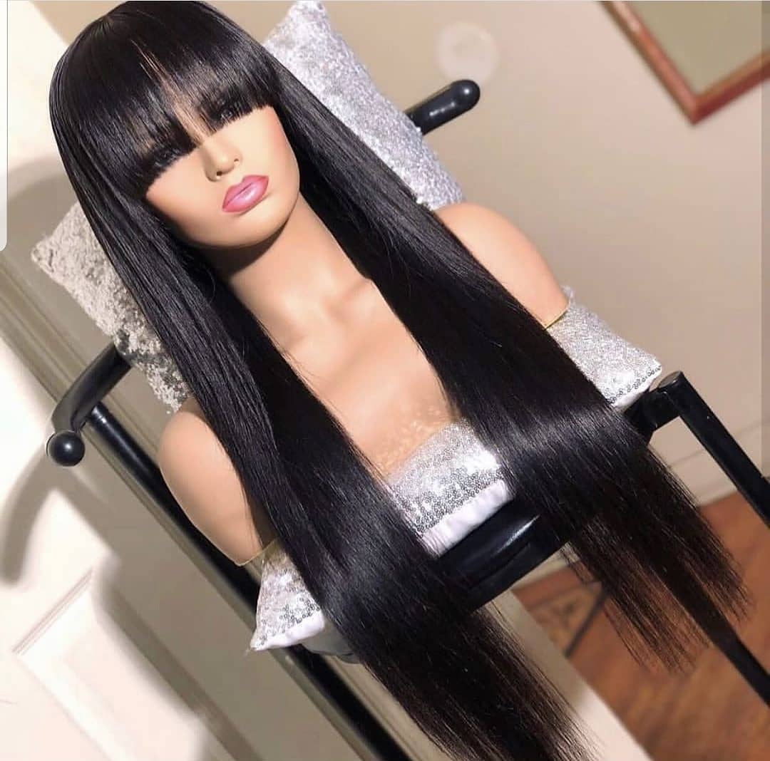 100% Human Hair8 Inches to 30 Inches Long Straight Black Hair Wig With Bangs