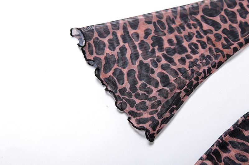 Leopard Print Backless Dress Women Long Sleeve Mesh Dress 2021 Spring Halter Transparent Sexy Club Dress Vestidos