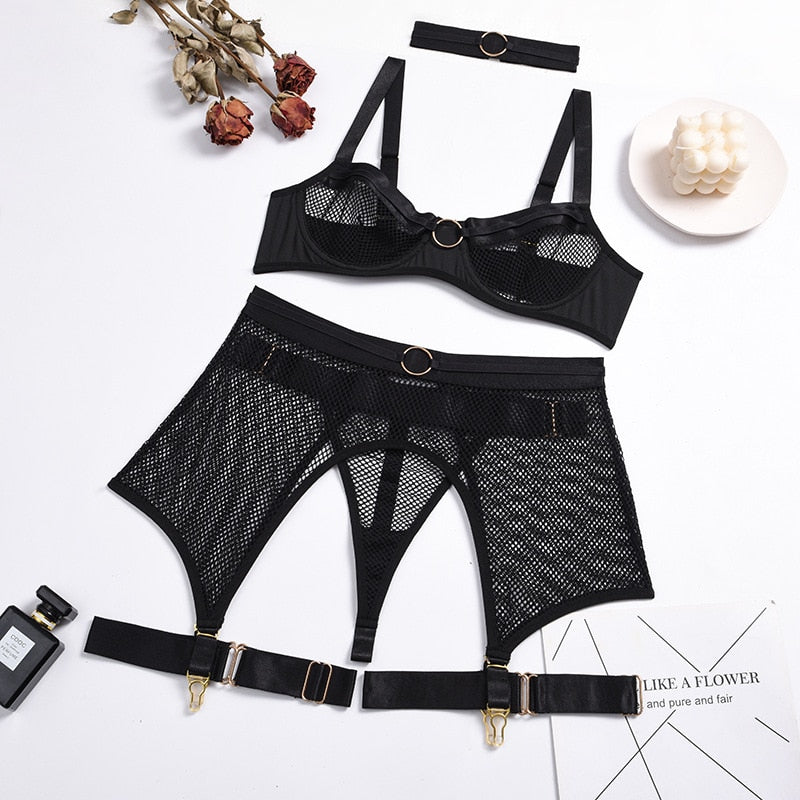 4-Piece Mesh Bra Set Women Transparent Ring Sexy Underwear Set Underwire Ladies Lingerie Set with Garter Belt
