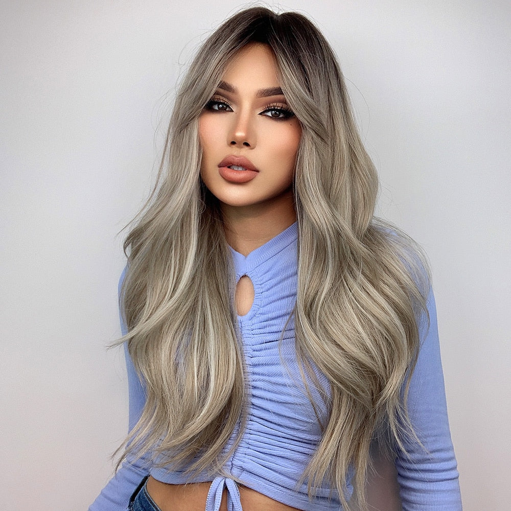 Long Wavy Ash Grey Ombre Synthetic Wig