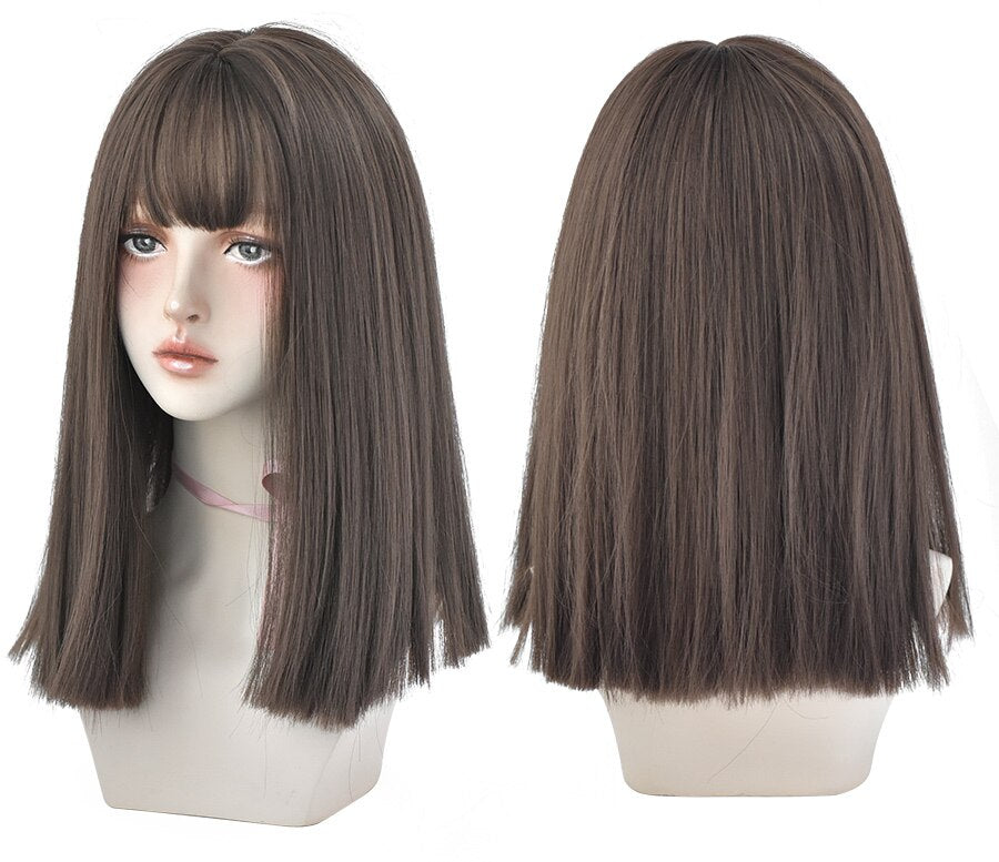 Light Brown Long Straight Synthetic Wigs With Bang