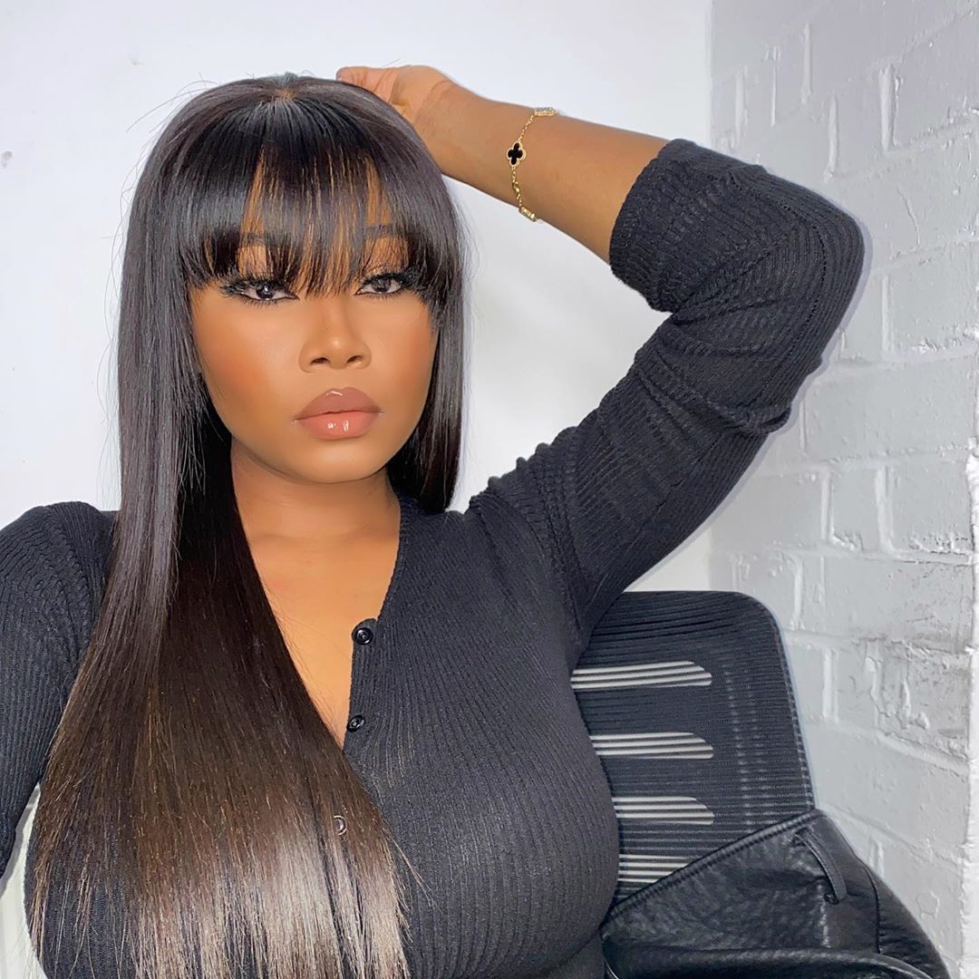 100% Human Hair8 Inches to 30 Inches Long Straight Black Hair Wig With Bangs