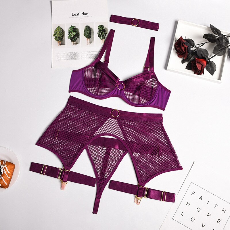 4-Piece Mesh Bra Set Women Transparent Ring Sexy Underwear Set Underwire Ladies Lingerie Set with Garter Belt