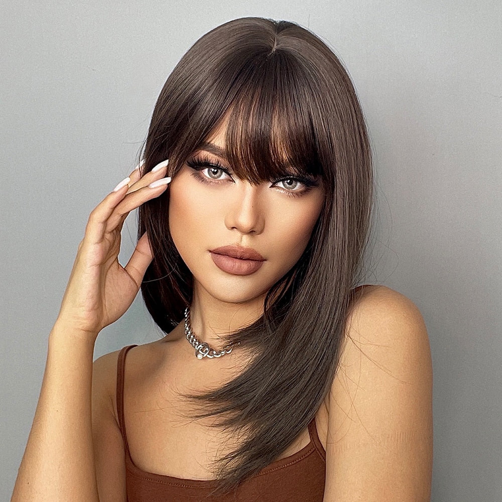 Dark Brown Synthetic Wig with Bangs Shoulder Length Straight Wig