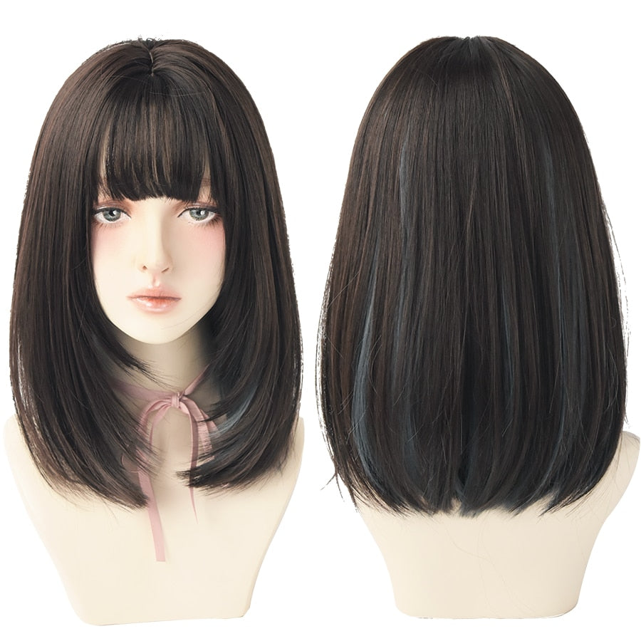 Light Brown Long Straight Synthetic Wigs With Bang