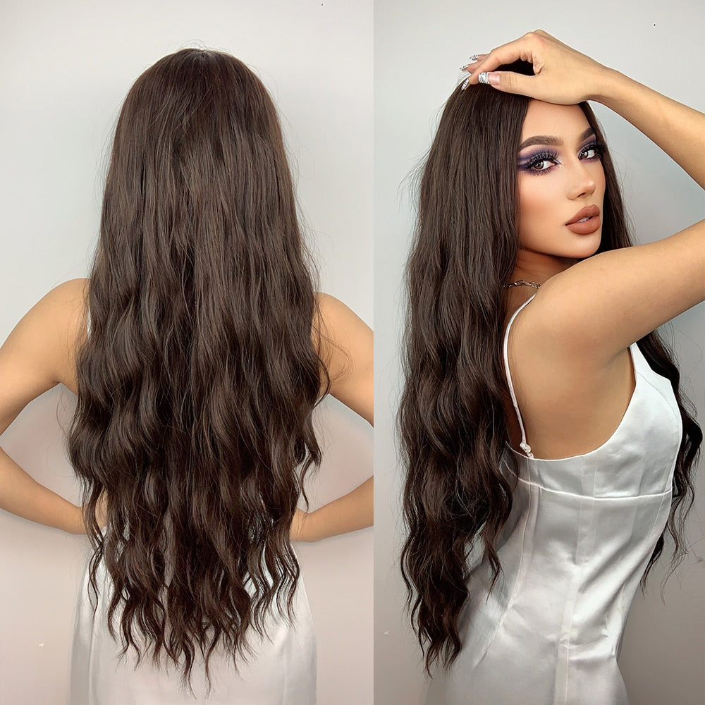 Brunette Long Wavy Brown Synthetic Wig