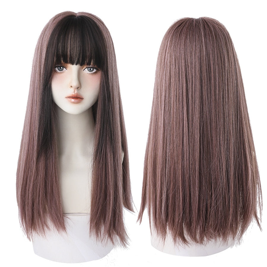 Light Brown Long Straight Synthetic Wigs With Bang