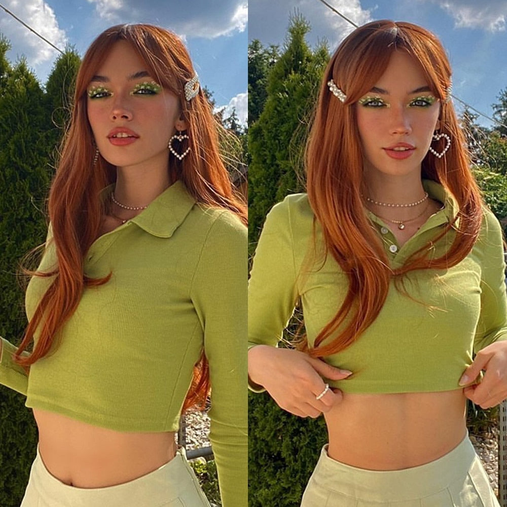 Red Copper Ginger Long Wavy Synthetic Wig with Bangs