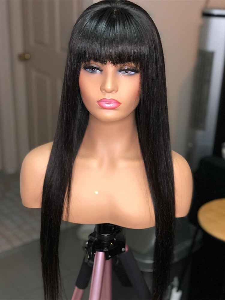 100% Human Hair8 Inches to 30 Inches Long Straight Black Hair Wig With Bangs