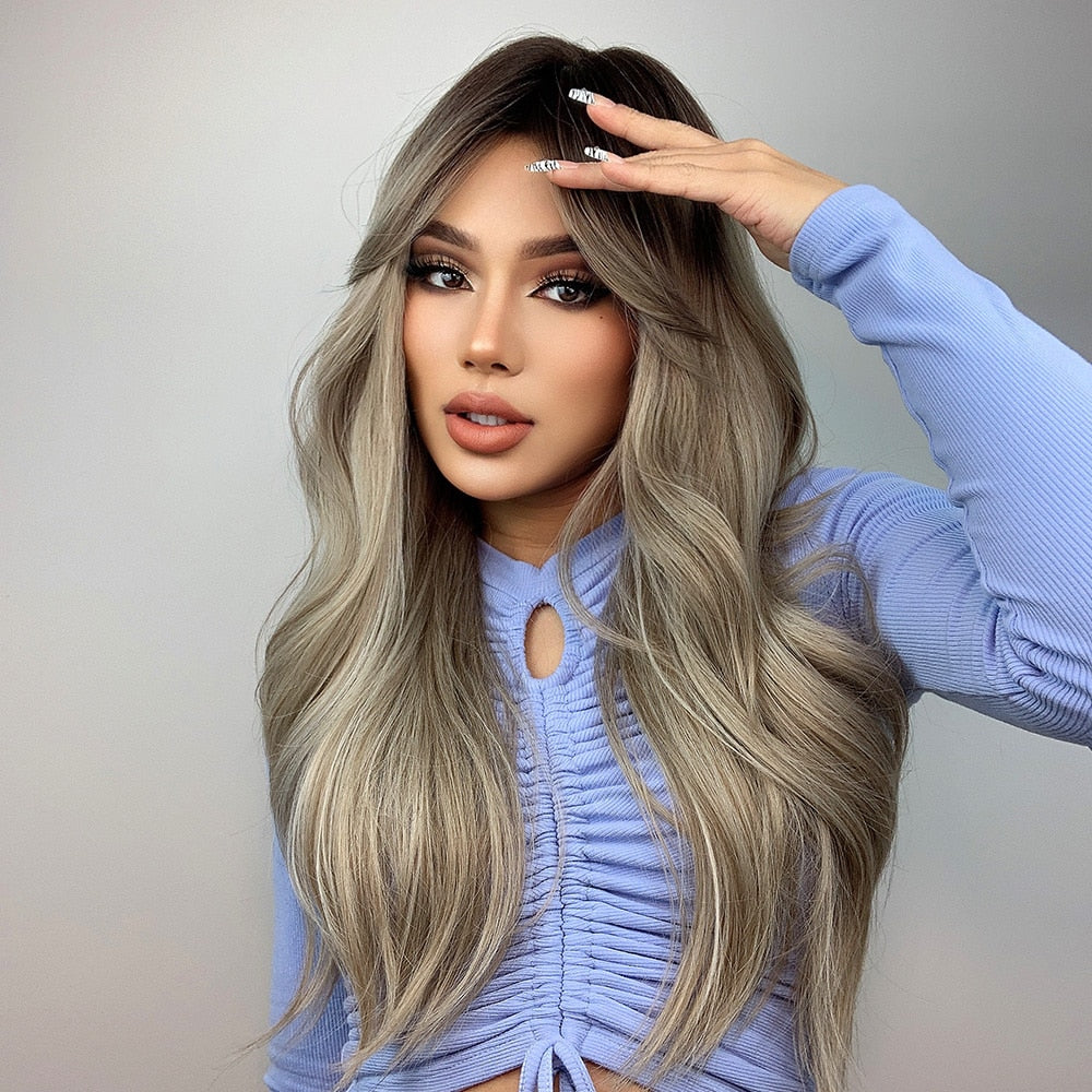 Long Wavy Ash Grey Ombre Synthetic Wig
