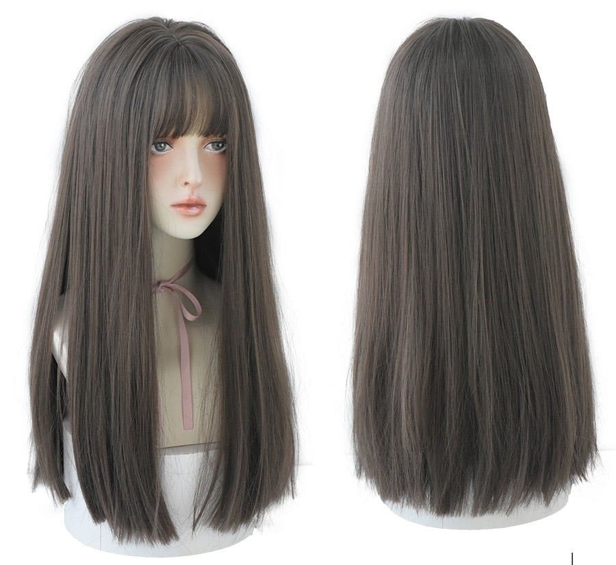 Light Brown Long Straight Synthetic Wigs With Bang