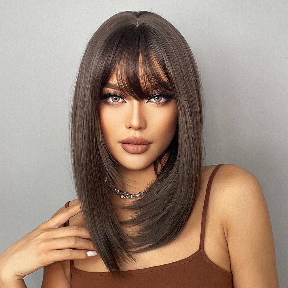 Dark Brown Synthetic Wig with Bangs Shoulder Length Straight Wig