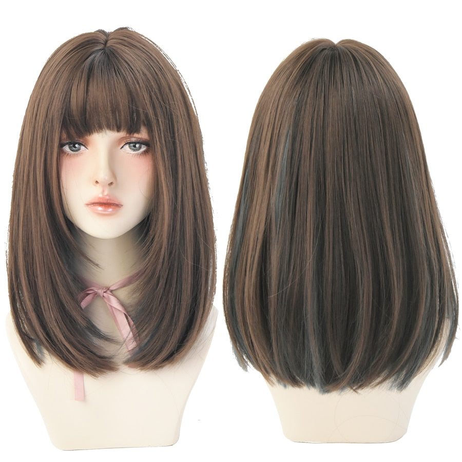 Light Brown Long Straight Synthetic Wigs With Bang