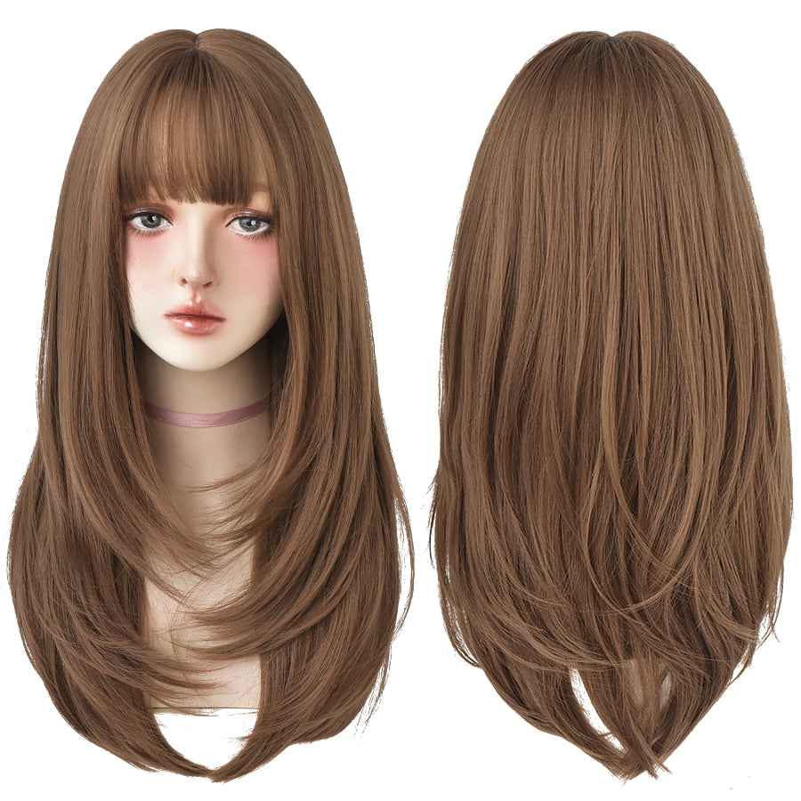 Light Brown Long Straight Synthetic Wigs With Bang