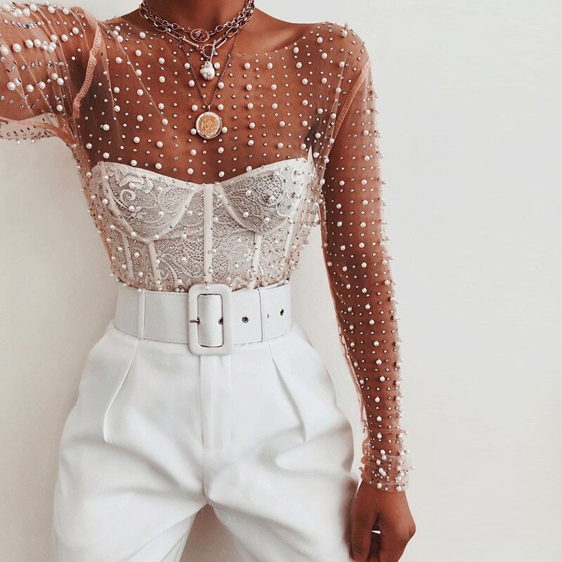 Pearl Top Women Mesh Top 2022 Spring Ladies Long Sleeve Transparent Sexy Top Cover Up Clubwear