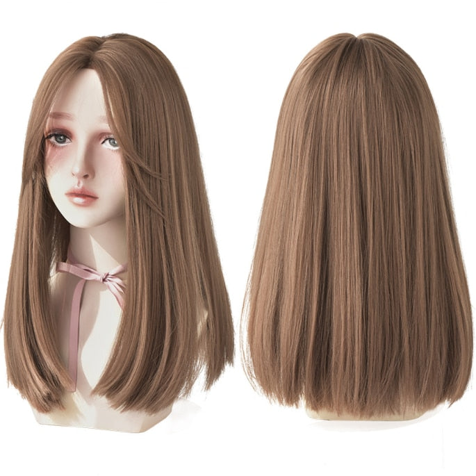 Light Brown Long Straight Synthetic Wigs With Bang