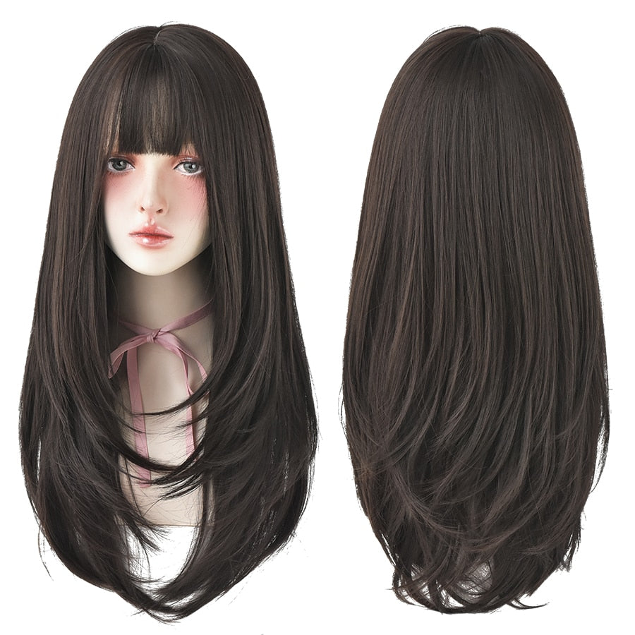 Light Brown Long Straight Synthetic Wigs With Bang