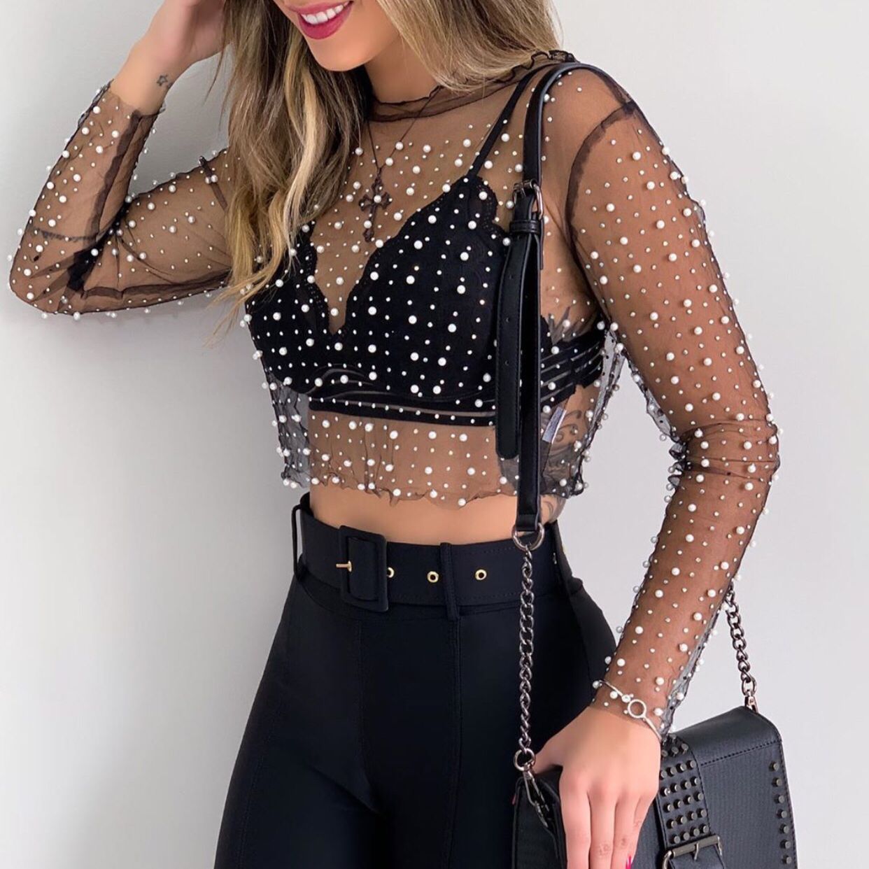 Pearl Top Women Mesh Top 2022 Spring Ladies Long Sleeve Transparent Sexy Top Cover Up Clubwear