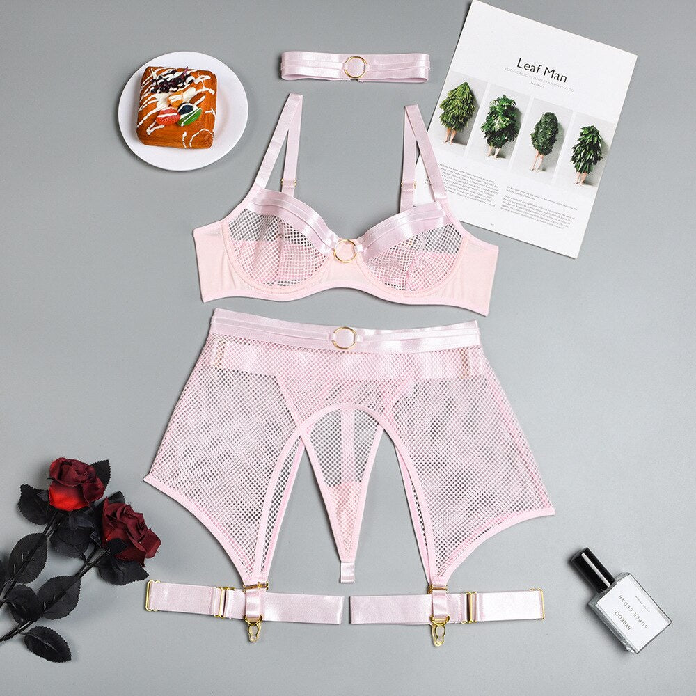 4-Piece Mesh Bra Set Women Transparent Ring Sexy Underwear Set Underwire Ladies Lingerie Set with Garter Belt