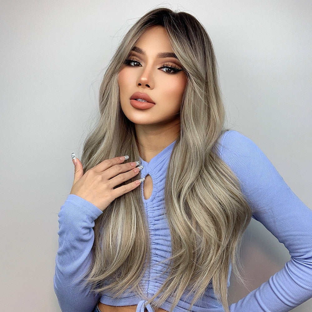 Long Wavy Ash Grey Ombre Synthetic Wig
