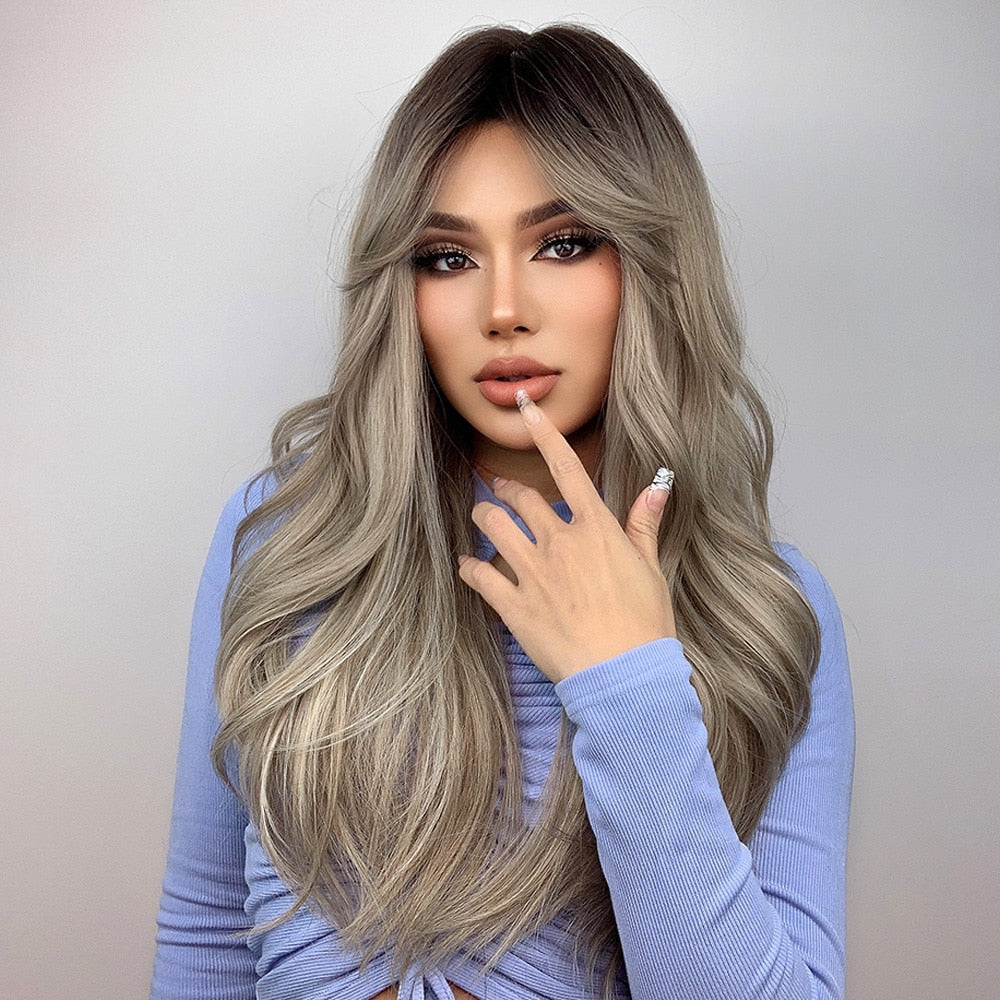 Long Wavy Ash Grey Ombre Synthetic Wig