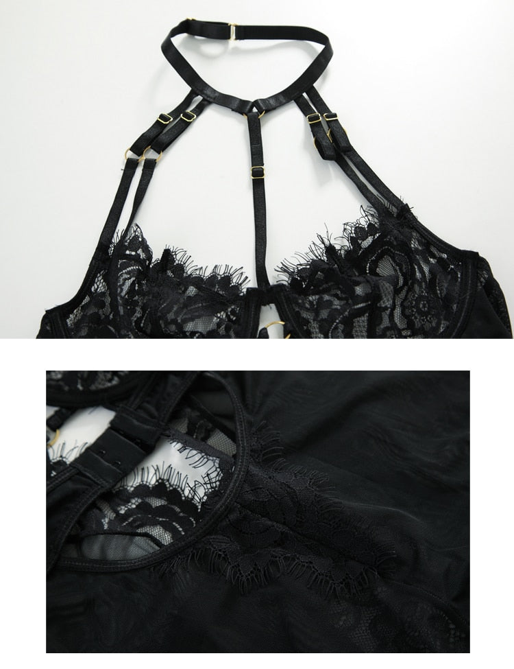 Black Charm Halter Corset Bustiers Cross Backless Lace Underwire Babydoll Chemise