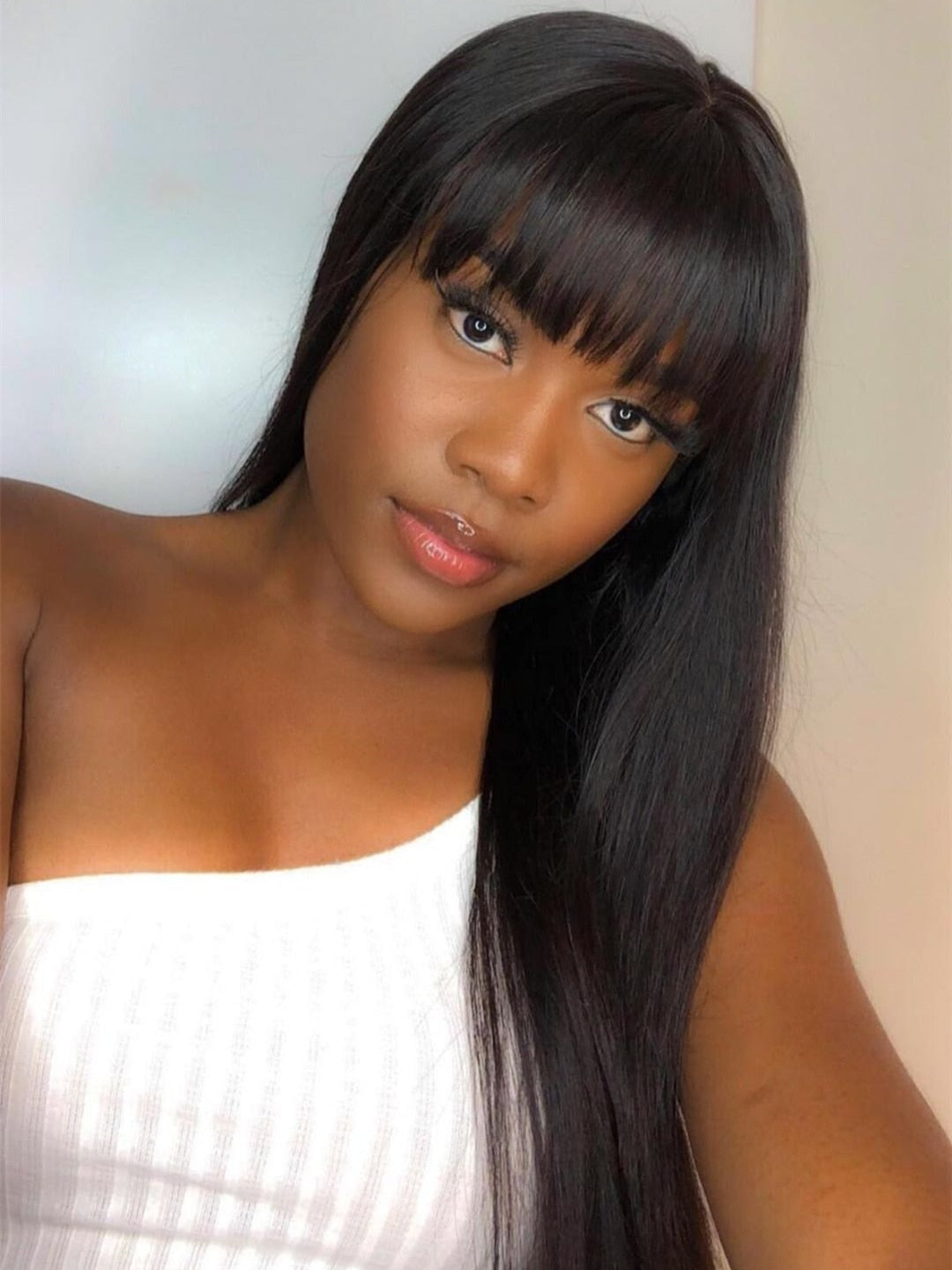 100% Human Hair8 Inches to 30 Inches Long Straight Black Hair Wig With Bangs