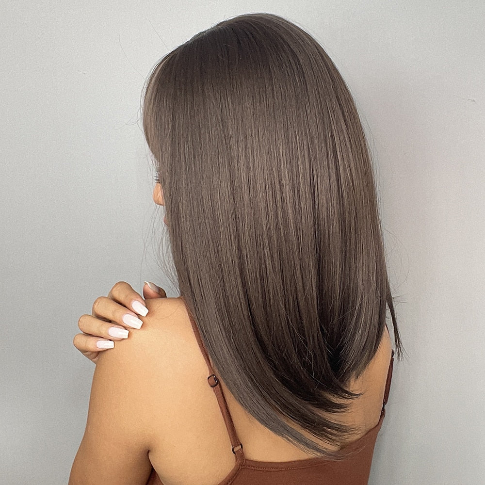 Dark Brown Synthetic Wig with Bangs Shoulder Length Straight Wig