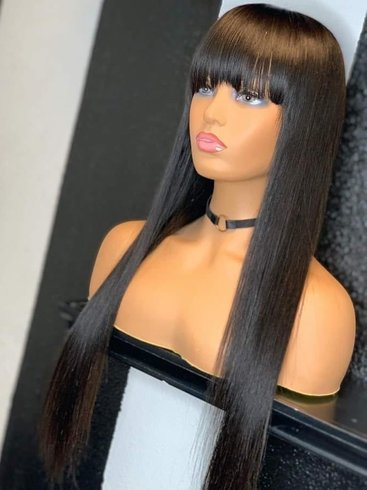 100% Human Hair8 Inches to 30 Inches Long Straight Black Hair Wig With Bangs