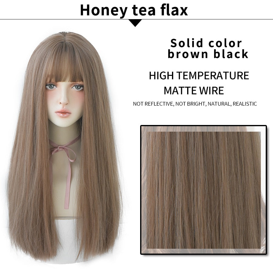 Light Brown Long Straight Synthetic Wigs With Bang