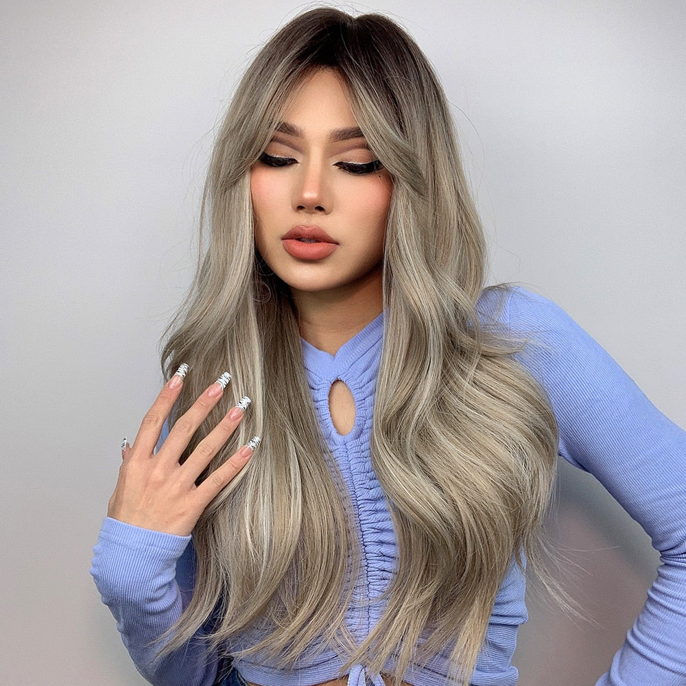 Long Wavy Ash Grey Ombre Synthetic Wig