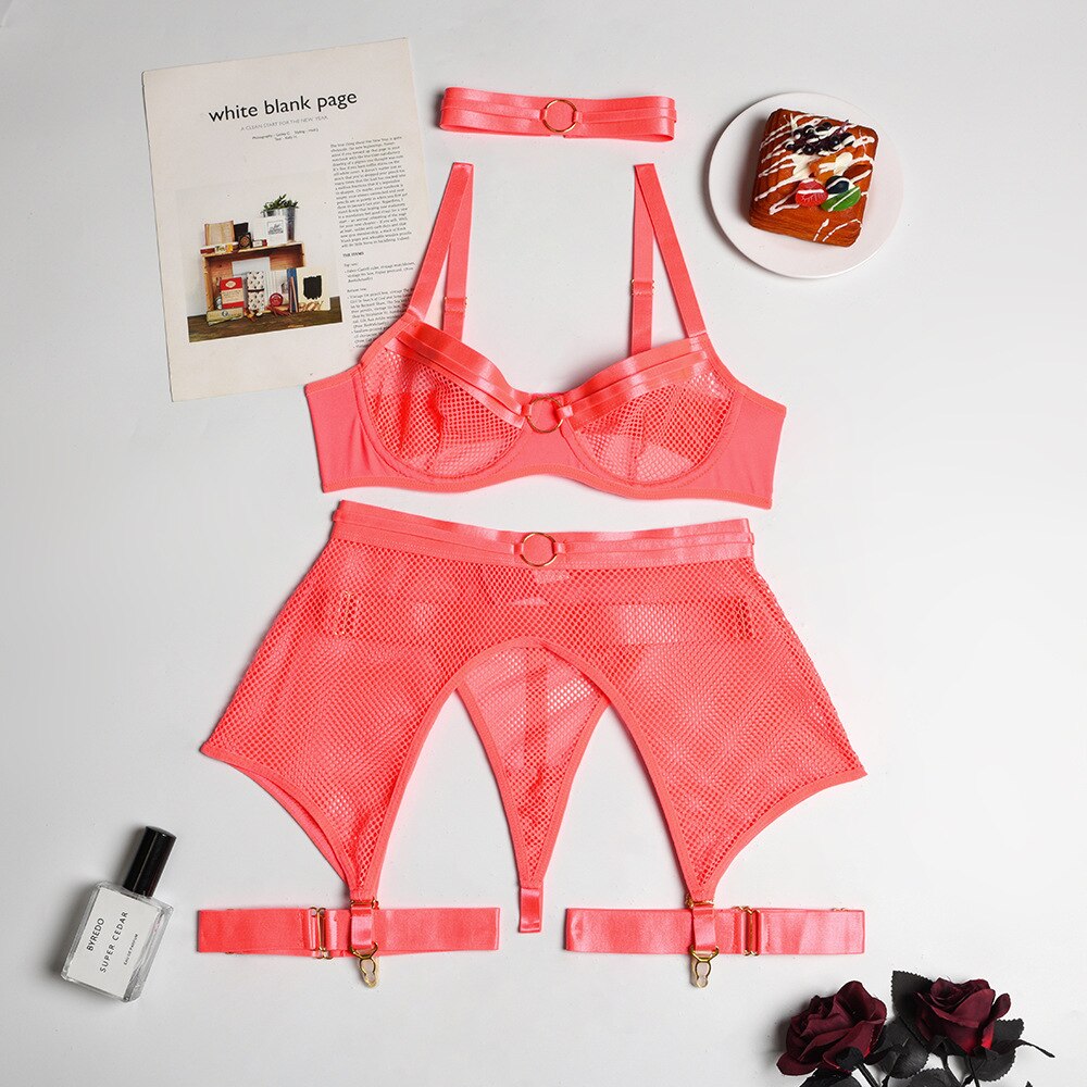 4-Piece Mesh Bra Set Women Transparent Ring Sexy Underwear Set Underwire Ladies Lingerie Set with Garter Belt