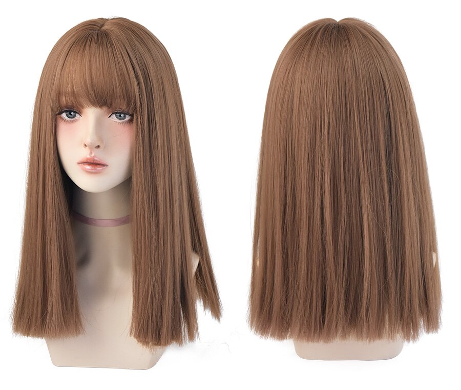 Light Brown Long Straight Synthetic Wigs With Bang