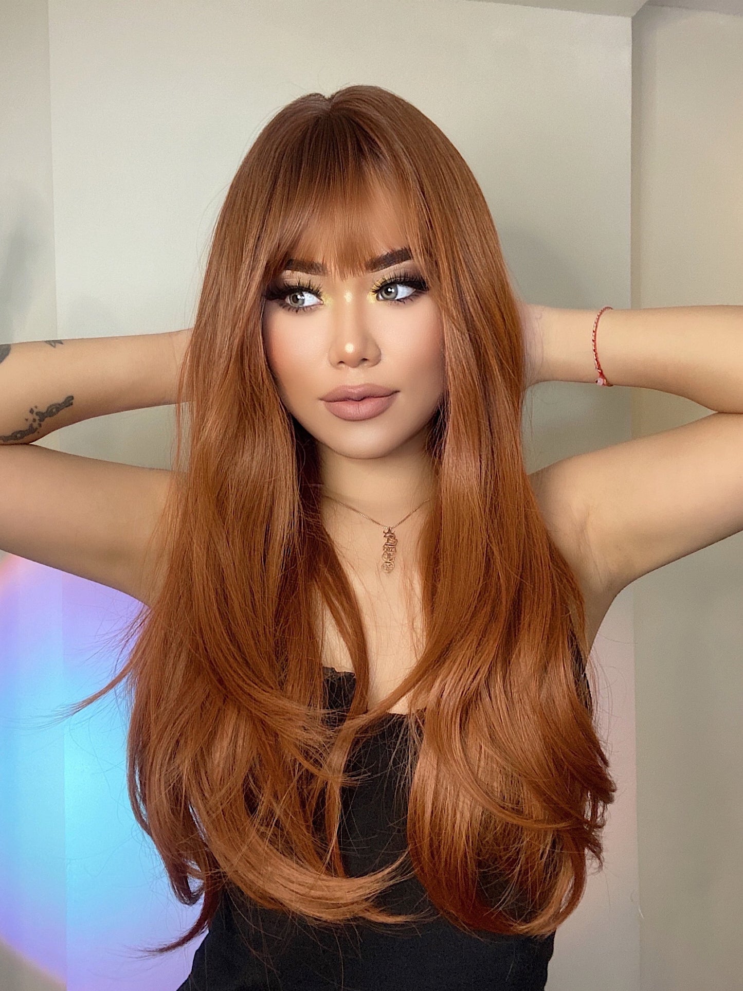 Red Copper Ginger Long Wavy Synthetic Wig with Bangs