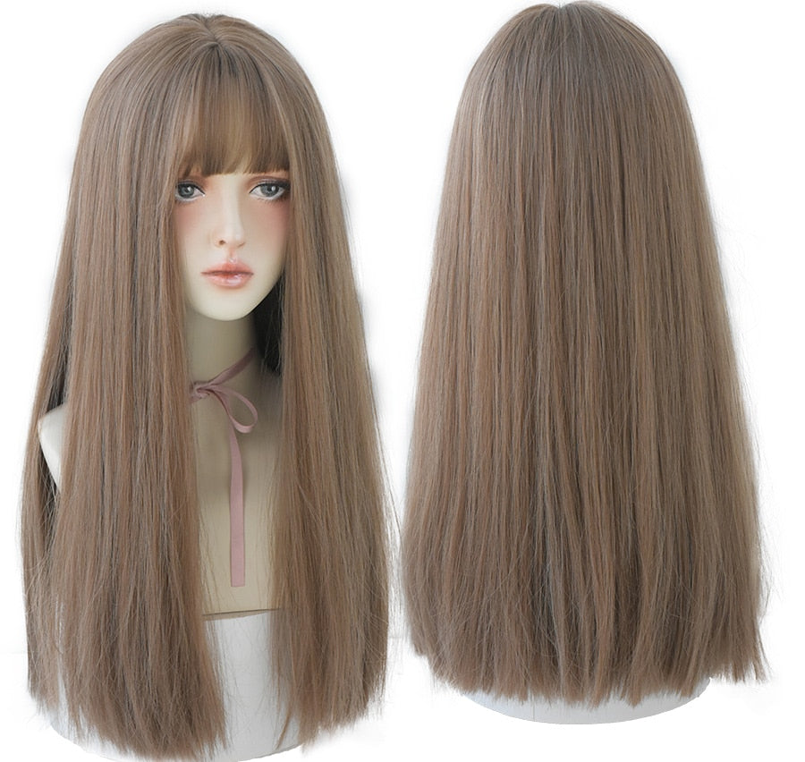 Light Brown Long Straight Synthetic Wigs With Bang