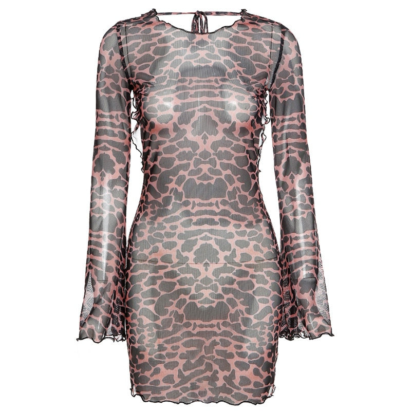 Leopard Print Backless Dress Women Long Sleeve Mesh Dress 2021 Spring Halter Transparent Sexy Club Dress Vestidos
